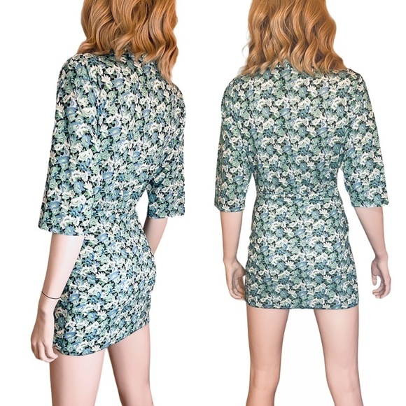 Pull & Bear Mini Dress Floral Faux Wrap front Side Ruching Deep Plunge Neck - Picture 13 of 16